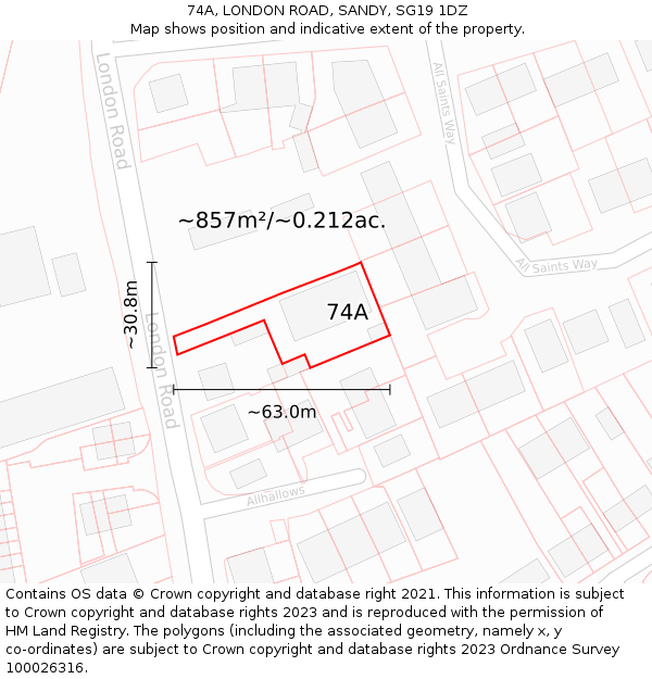74A, LONDON ROAD, SANDY, SG19 1DZ: Plot and title map