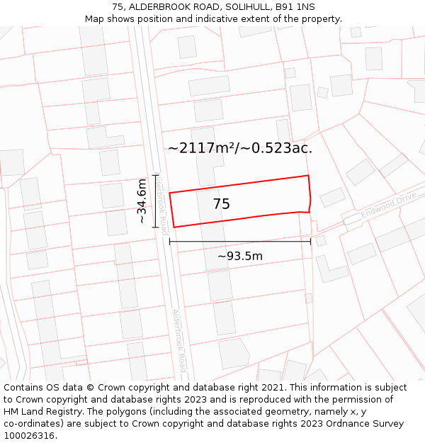 75, ALDERBROOK ROAD, SOLIHULL, B91 1NS: Plot and title map