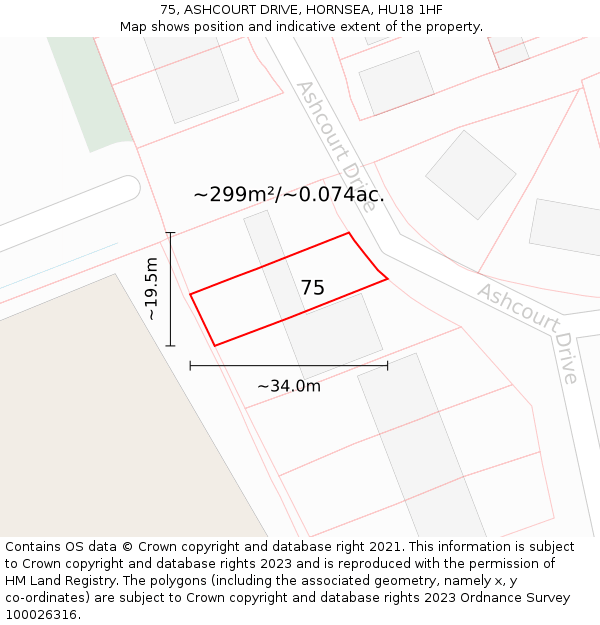 75, ASHCOURT DRIVE, HORNSEA, HU18 1HF: Plot and title map