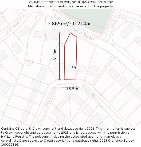 75, BASSETT GREEN CLOSE, SOUTHAMPTON, SO16 3QX: Plot and title map