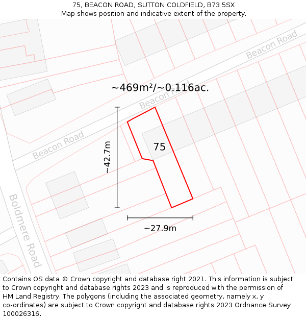 75, BEACON ROAD, SUTTON COLDFIELD, B73 5SX: Plot and title map