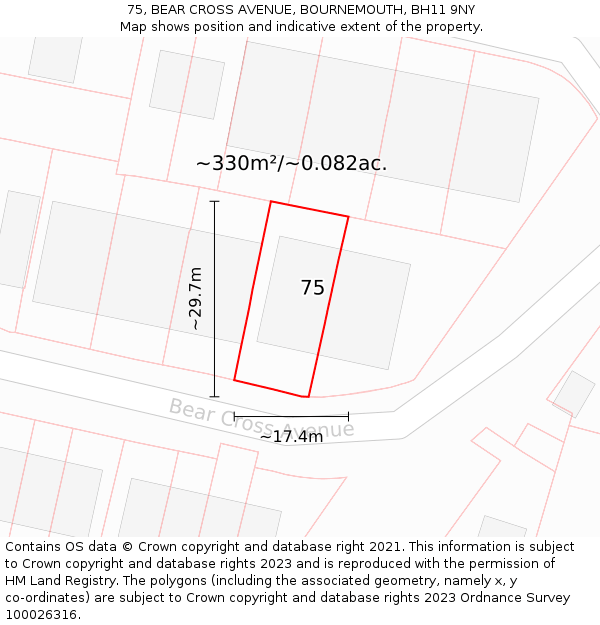 75, BEAR CROSS AVENUE, BOURNEMOUTH, BH11 9NY: Plot and title map