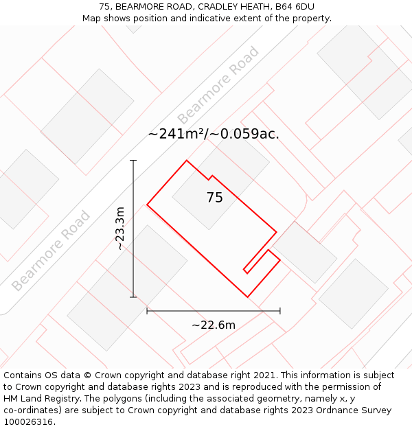 75, BEARMORE ROAD, CRADLEY HEATH, B64 6DU: Plot and title map