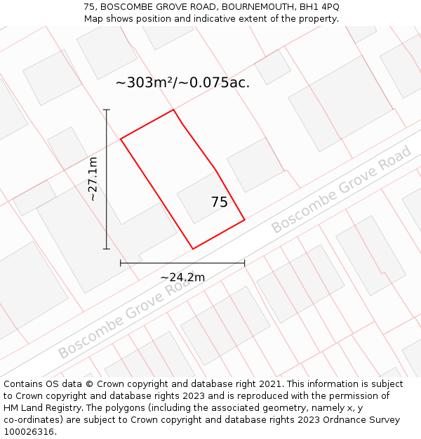 75, BOSCOMBE GROVE ROAD, BOURNEMOUTH, BH1 4PQ: Plot and title map