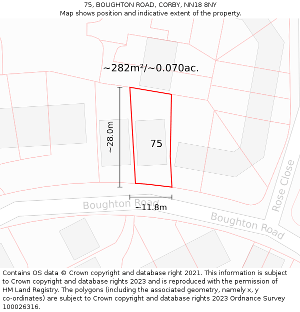 75, BOUGHTON ROAD, CORBY, NN18 8NY: Plot and title map