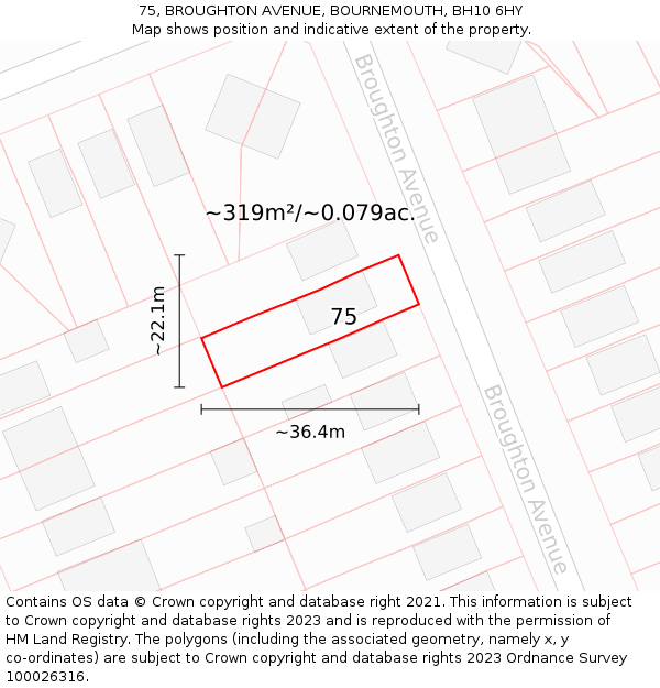 75, BROUGHTON AVENUE, BOURNEMOUTH, BH10 6HY: Plot and title map