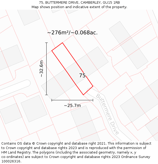 75, BUTTERMERE DRIVE, CAMBERLEY, GU15 1RB: Plot and title map