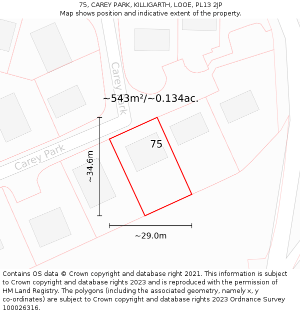 75, CAREY PARK, KILLIGARTH, LOOE, PL13 2JP: Plot and title map