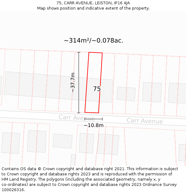 75, CARR AVENUE, LEISTON, IP16 4JA: Plot and title map