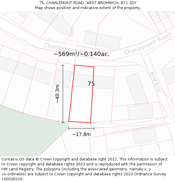 75, CHARLEMONT ROAD, WEST BROMWICH, B71 3DY: Plot and title map