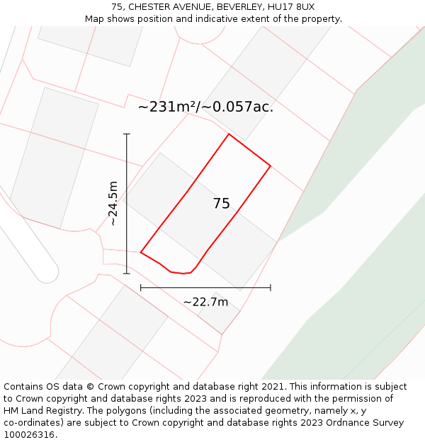 75, CHESTER AVENUE, BEVERLEY, HU17 8UX: Plot and title map