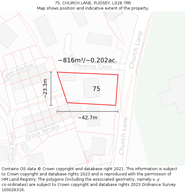75, CHURCH LANE, PUDSEY, LS28 7RR: Plot and title map