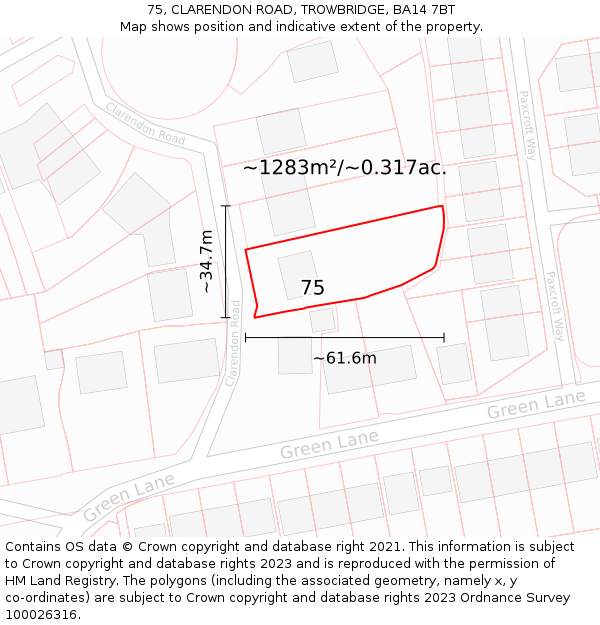 75, CLARENDON ROAD, TROWBRIDGE, BA14 7BT: Plot and title map