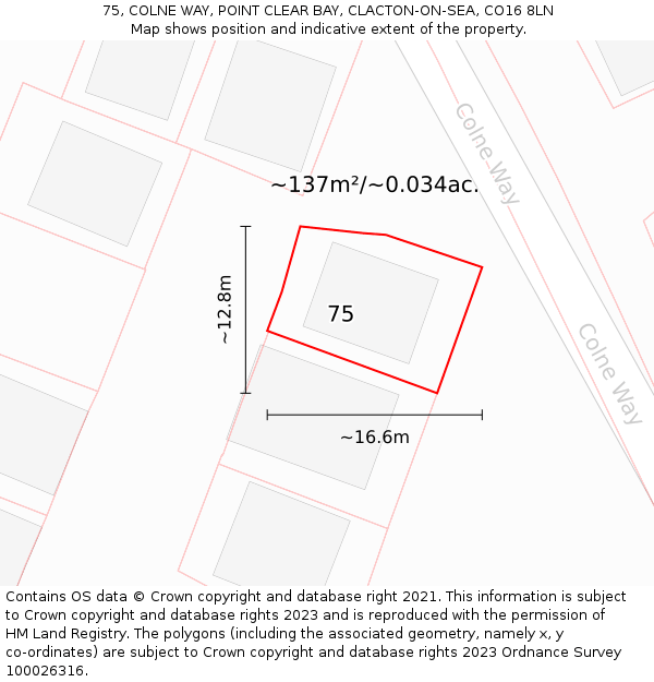 75, COLNE WAY, POINT CLEAR BAY, CLACTON-ON-SEA, CO16 8LN: Plot and title map