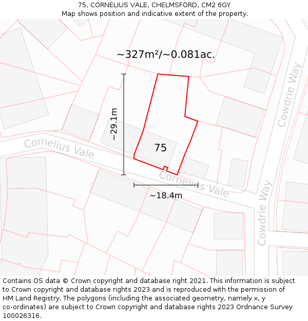 75, CORNELIUS VALE, CHELMSFORD, CM2 6GY: Plot and title map