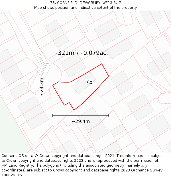 75, CORNFIELD, DEWSBURY, WF13 3UZ: Plot and title map