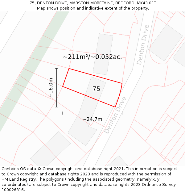 75, DENTON DRIVE, MARSTON MORETAINE, BEDFORD, MK43 0FE: Plot and title map