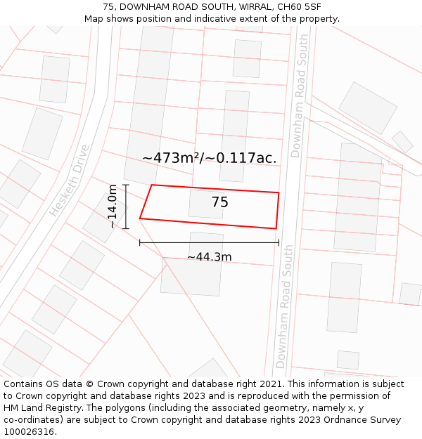 75, DOWNHAM ROAD SOUTH, WIRRAL, CH60 5SF: Plot and title map