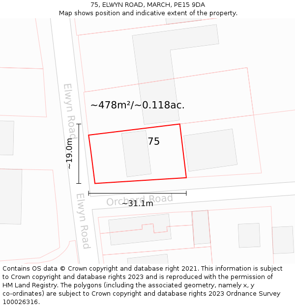 75, ELWYN ROAD, MARCH, PE15 9DA: Plot and title map