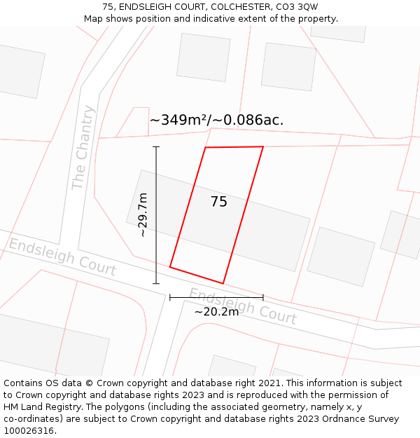 75, ENDSLEIGH COURT, COLCHESTER, CO3 3QW: Plot and title map