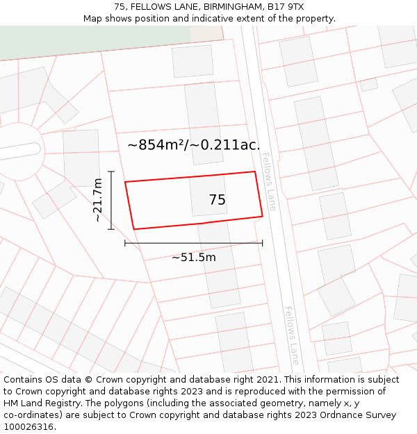 75, FELLOWS LANE, BIRMINGHAM, B17 9TX: Plot and title map