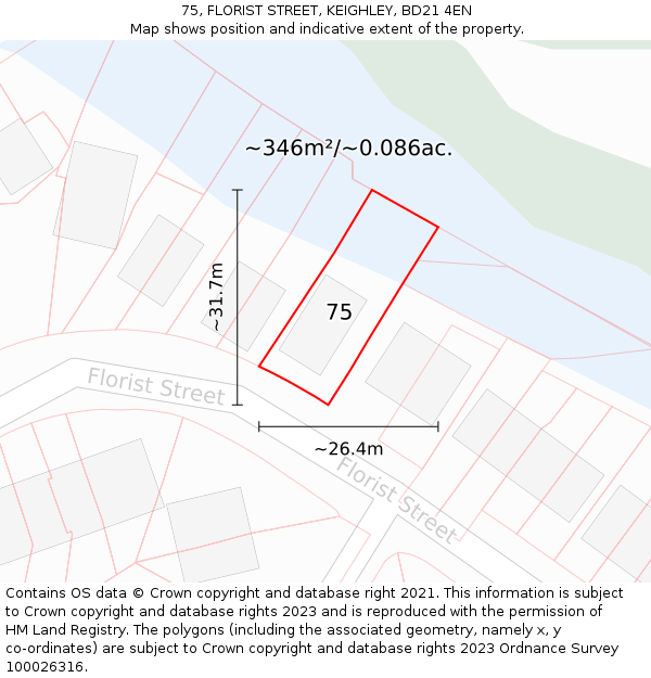 75, FLORIST STREET, KEIGHLEY, BD21 4EN: Plot and title map