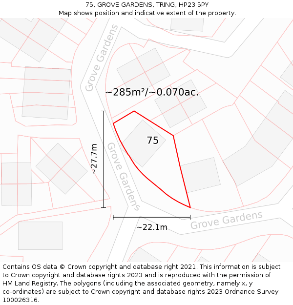 75, GROVE GARDENS, TRING, HP23 5PY: Plot and title map