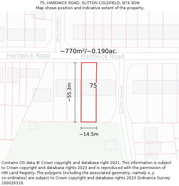 75, HARDWICK ROAD, SUTTON COLDFIELD, B74 3DW: Plot and title map