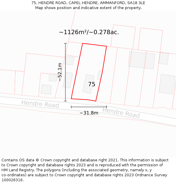 75, HENDRE ROAD, CAPEL HENDRE, AMMANFORD, SA18 3LE: Plot and title map