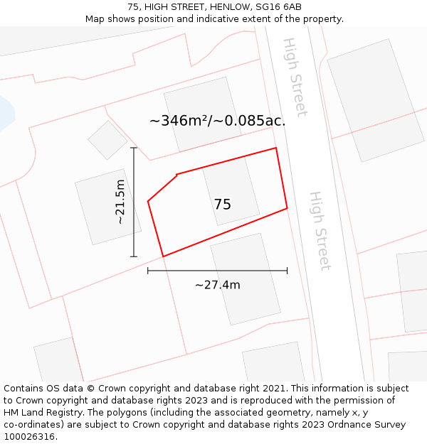 75, HIGH STREET, HENLOW, SG16 6AB: Plot and title map