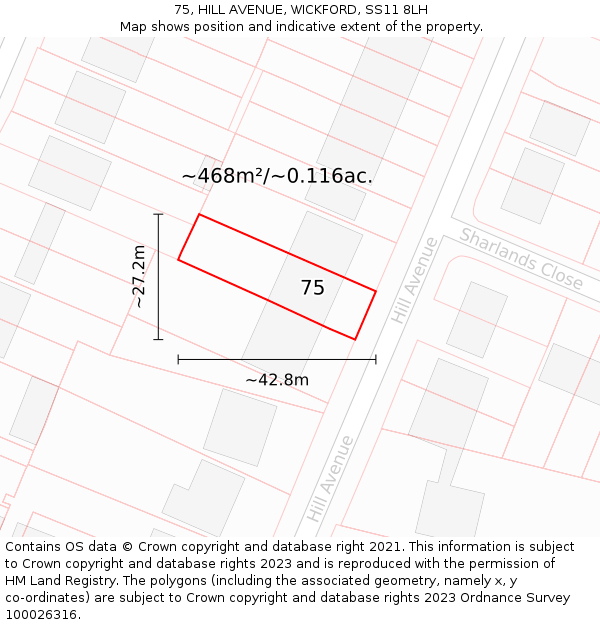 75, HILL AVENUE, WICKFORD, SS11 8LH: Plot and title map