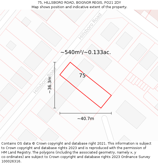 75, HILLSBORO ROAD, BOGNOR REGIS, PO21 2DY: Plot and title map