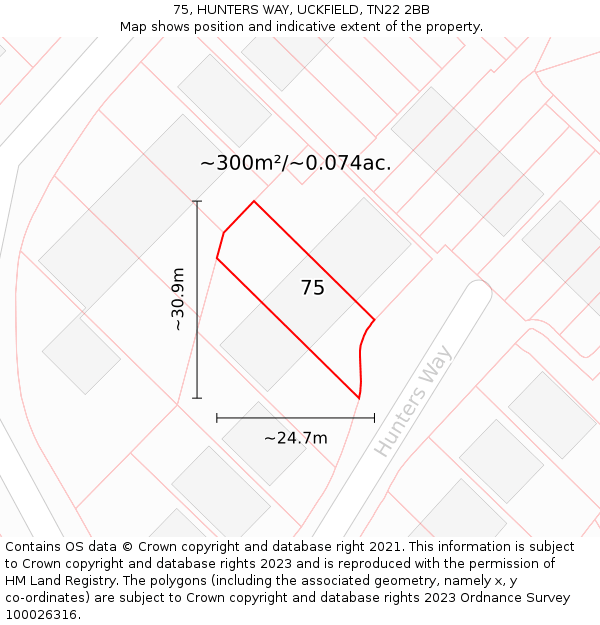 75, HUNTERS WAY, UCKFIELD, TN22 2BB: Plot and title map