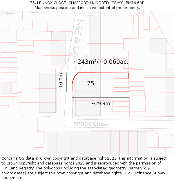 75, LENNOX CLOSE, CHAFFORD HUNDRED, GRAYS, RM16 6AP: Plot and title map