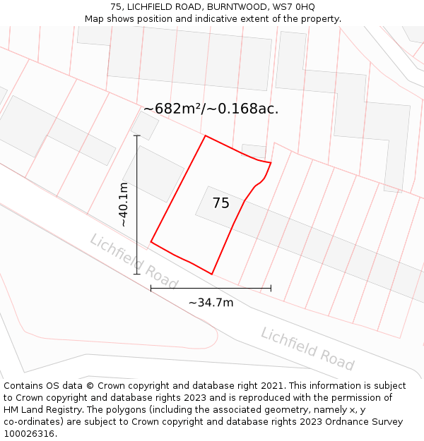 75, LICHFIELD ROAD, BURNTWOOD, WS7 0HQ: Plot and title map