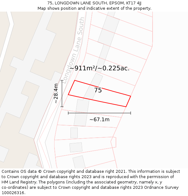 75, LONGDOWN LANE SOUTH, EPSOM, KT17 4JJ: Plot and title map