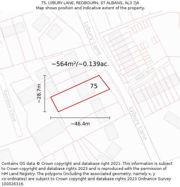 75, LYBURY LANE, REDBOURN, ST ALBANS, AL3 7JA: Plot and title map