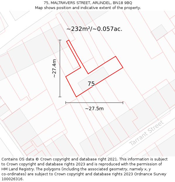 75, MALTRAVERS STREET, ARUNDEL, BN18 9BQ: Plot and title map