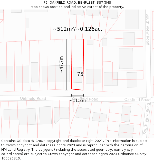 75, OAKFIELD ROAD, BENFLEET, SS7 5NS: Plot and title map