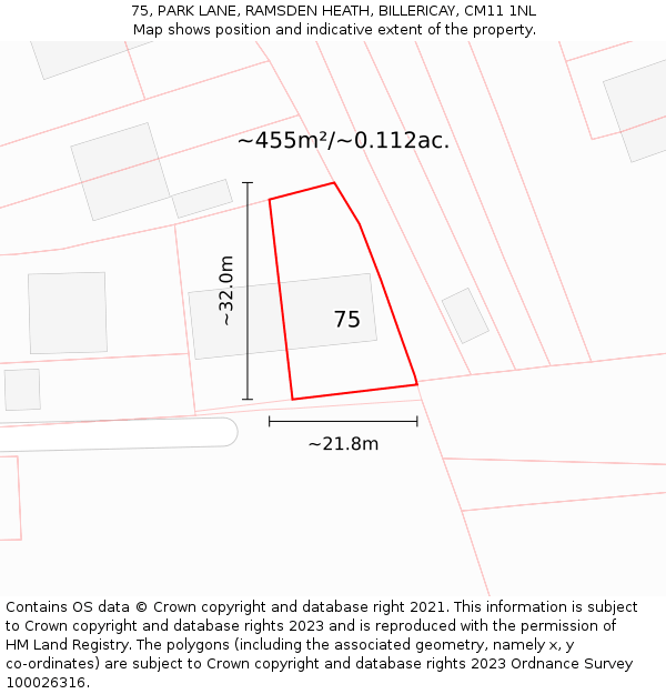 75, PARK LANE, RAMSDEN HEATH, BILLERICAY, CM11 1NL: Plot and title map