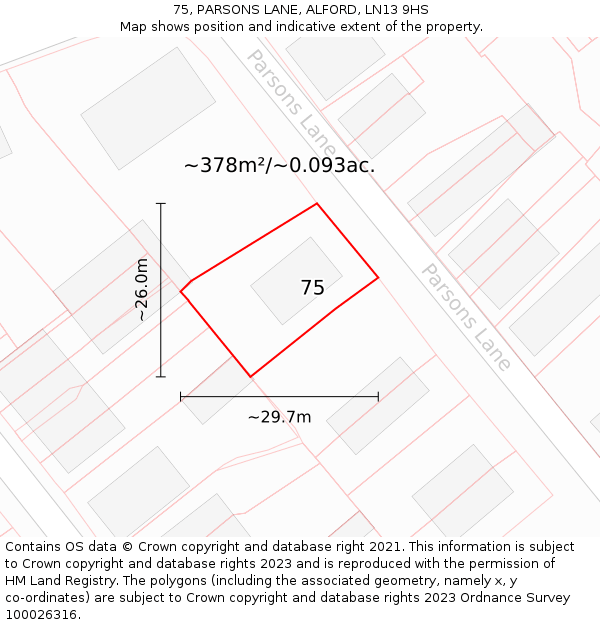 75, PARSONS LANE, ALFORD, LN13 9HS: Plot and title map