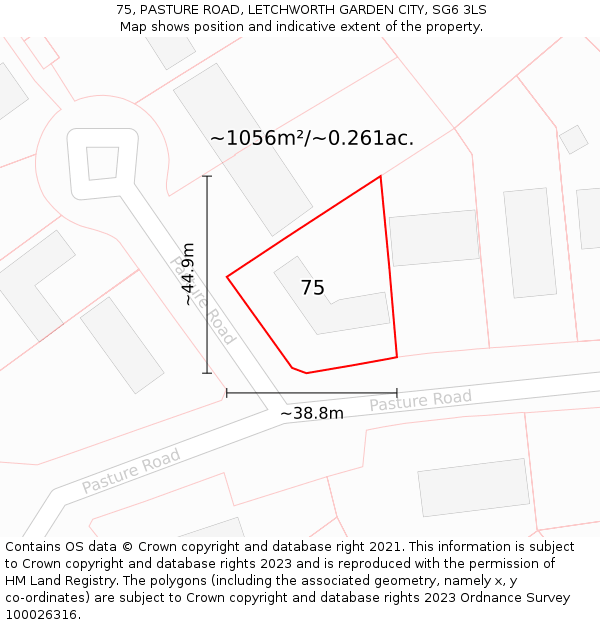 75, PASTURE ROAD, LETCHWORTH GARDEN CITY, SG6 3LS: Plot and title map