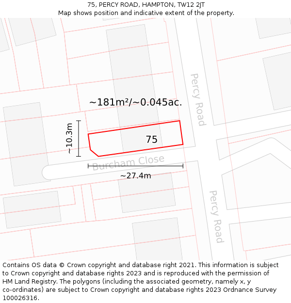 75, PERCY ROAD, HAMPTON, TW12 2JT: Plot and title map