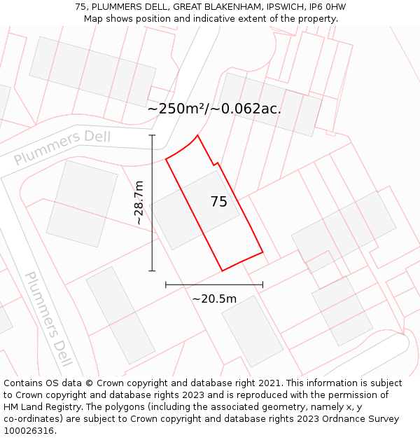 75, PLUMMERS DELL, GREAT BLAKENHAM, IPSWICH, IP6 0HW: Plot and title map