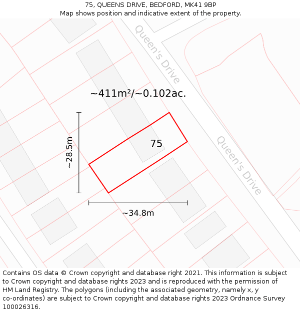 75, QUEENS DRIVE, BEDFORD, MK41 9BP: Plot and title map