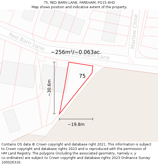 75, RED BARN LANE, FAREHAM, PO15 6HD: Plot and title map