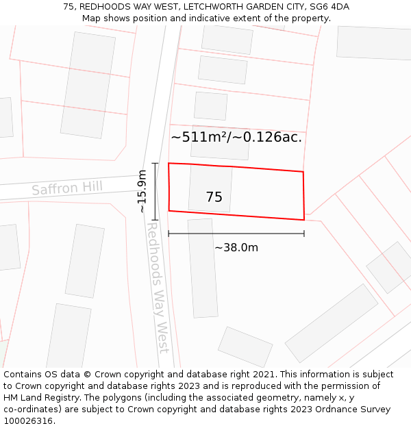 75, REDHOODS WAY WEST, LETCHWORTH GARDEN CITY, SG6 4DA: Plot and title map