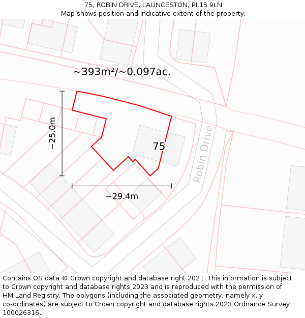 75, ROBIN DRIVE, LAUNCESTON, PL15 9LN: Plot and title map