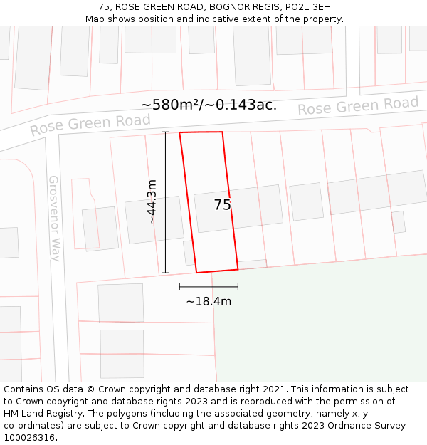 75, ROSE GREEN ROAD, BOGNOR REGIS, PO21 3EH: Plot and title map