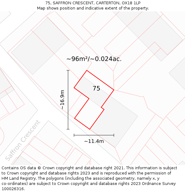 75, SAFFRON CRESCENT, CARTERTON, OX18 1LP: Plot and title map